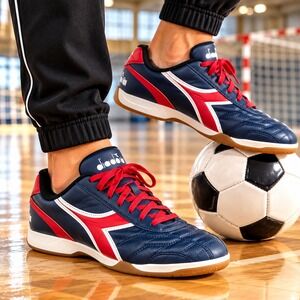 Diadora Indoor Soccer Shoes Navy Blue Red White Athletic Sneaker Size 8